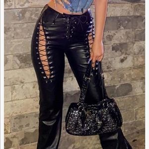 Black lace up leather pants